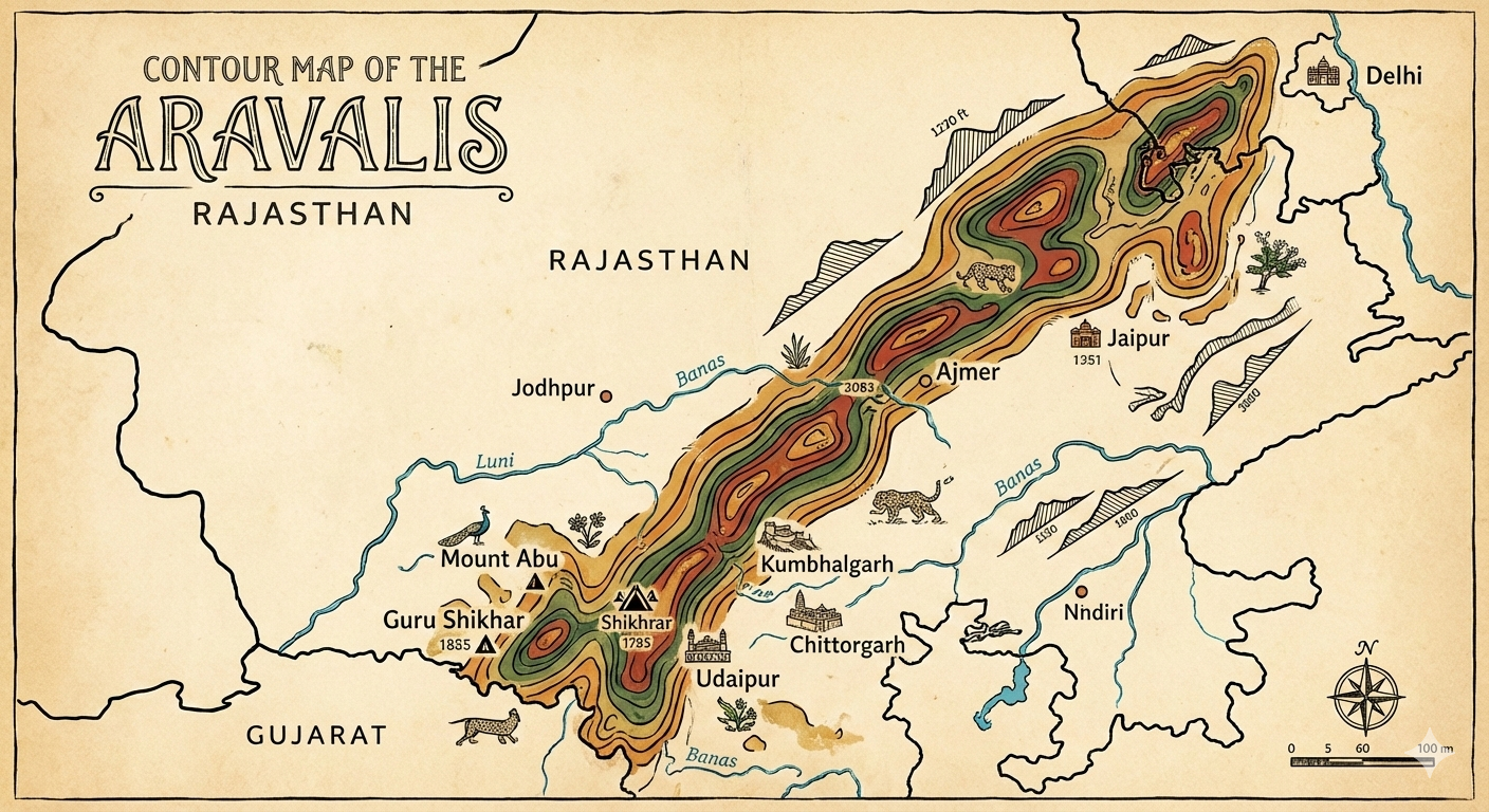 Contour graphic tracing the Aravali ridge across Rajasthan